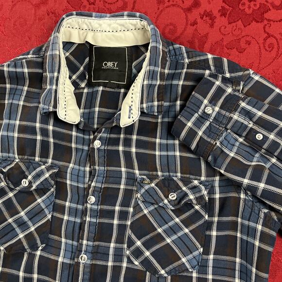 Obey Shirt Mens L Plaid Flannel Long Sleeve Heavyweight Button Up - Picture 1 of 9